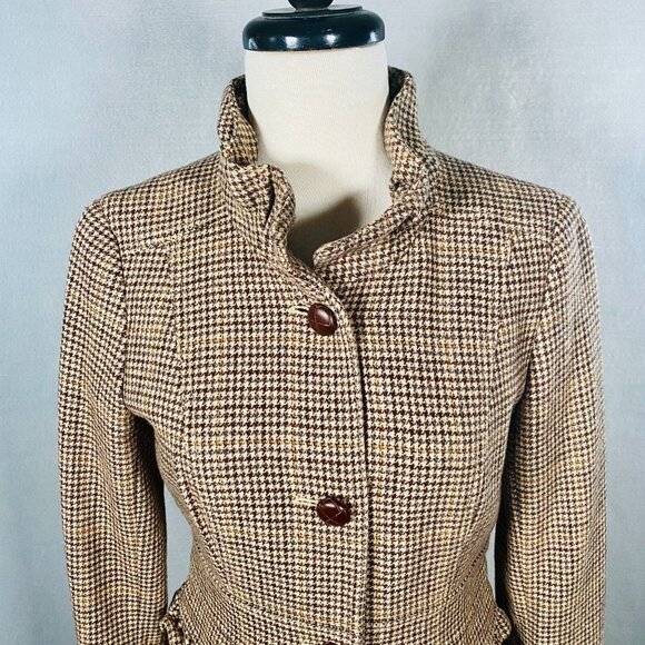 J Crew Blazer Womens Brown Wool Blend Houndstooth Jacket Ruffle - Picture 2 of 12